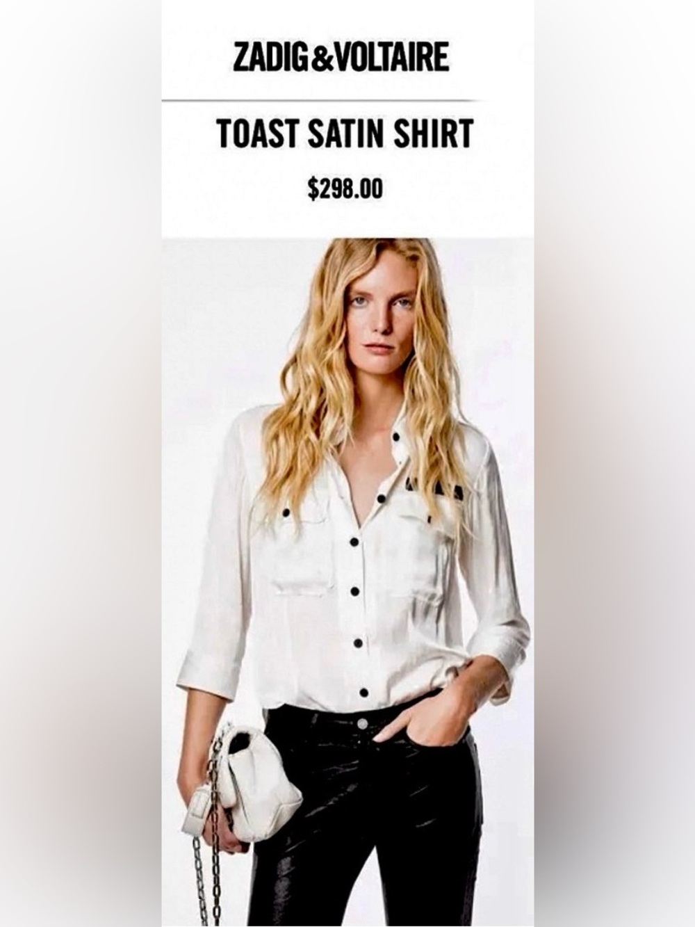 Zadig & Voltaire Toast Satin Long Sleeve Shirt Judo White Black Size XS NWT